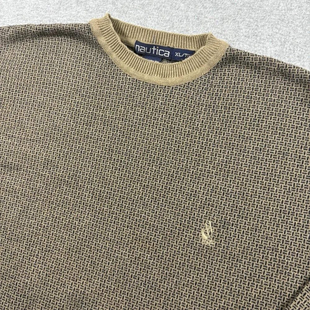 Vtg 90s Nautica Textured Knit Sweater Mens XL Brown Tan Cotton Crewneck Coastal